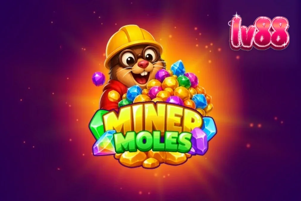 Giao diện trò chơi slot Miner Moles với các chú chuột chũi và đá quý