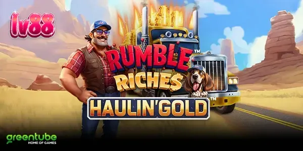 Giao diện trò chơi Rumble Riches Haulin Gold với hình ảnh xe tải và các cuộn quay